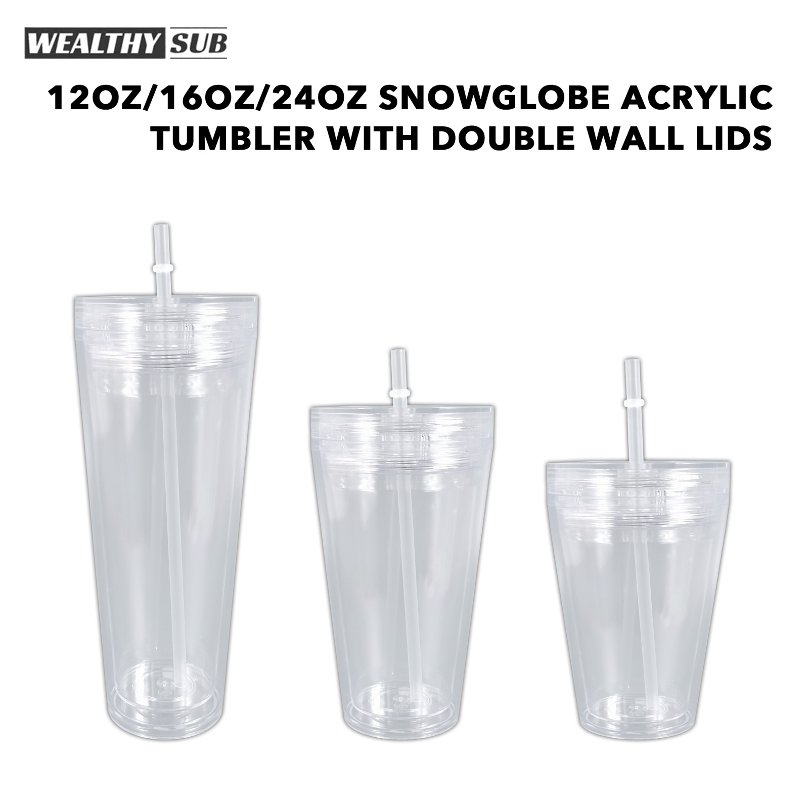 Wealthysub China warehouse 12oz/16oz/24oz snowglobe acrylic tumbler with double wall lids